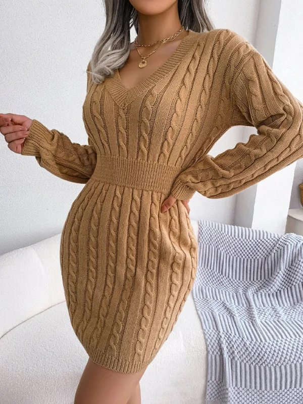 Cable Knit Mini Dress with V-Neck and Fitted Waist