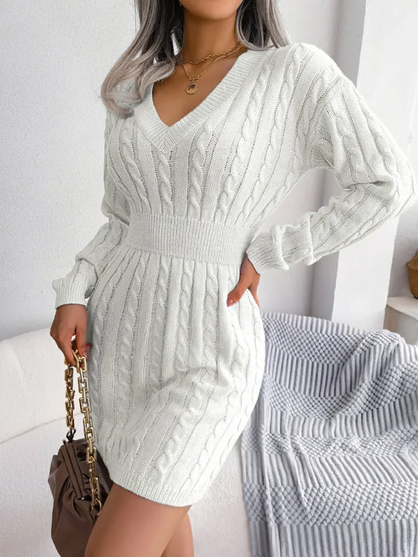 Cable Knit Mini Dress with V-Neck and Fitted Waist