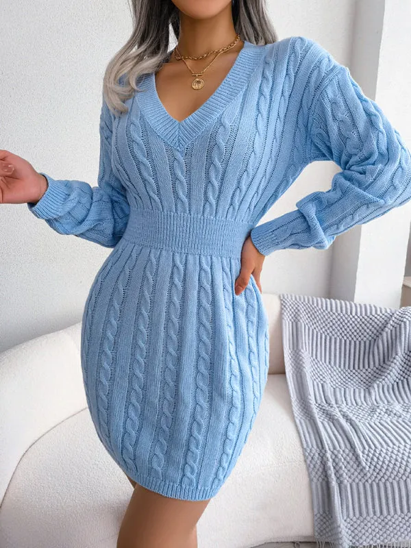 Cable Knit Mini Dress with V-Neck and Fitted Waist