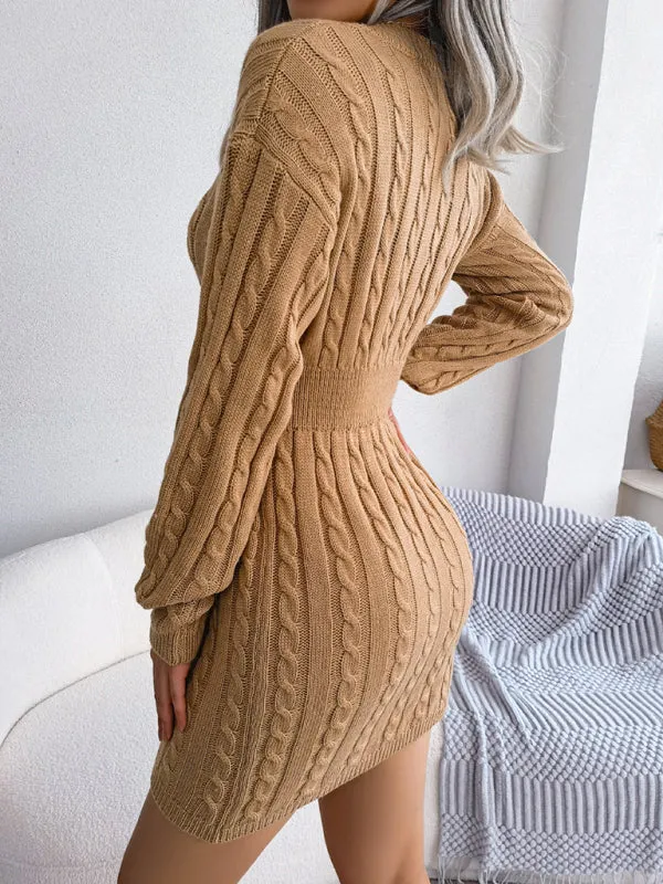 Cable Knit Mini Dress with V-Neck and Fitted Waist