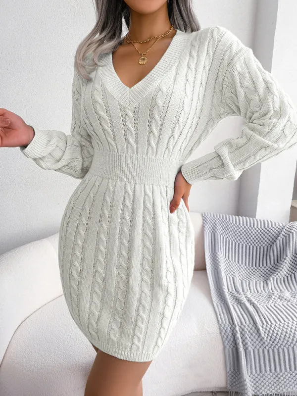 Cable Knit Mini Dress with V-Neck and Fitted Waist
