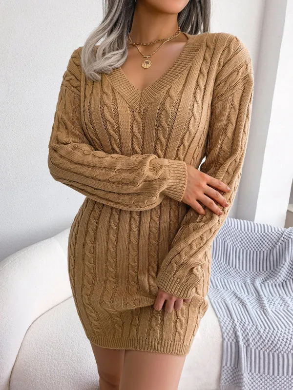 Cable Knit Mini Dress with V-Neck and Fitted Waist