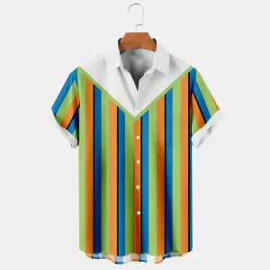Cartoon Stripe Print Loose Hawaiian Pocket Short Sleeve Shirt
