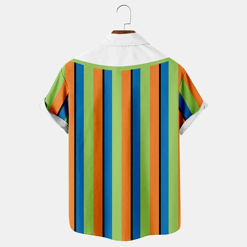 Cartoon Stripe Print Loose Hawaiian Pocket Short Sleeve Shirt