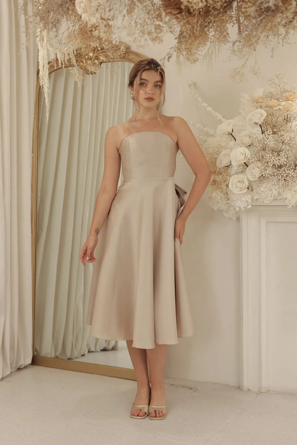 CELINE Strapless Curved Neckline Mid Length Gown with Bow, Pockets and Covered Buttons (Tan Gazaar)