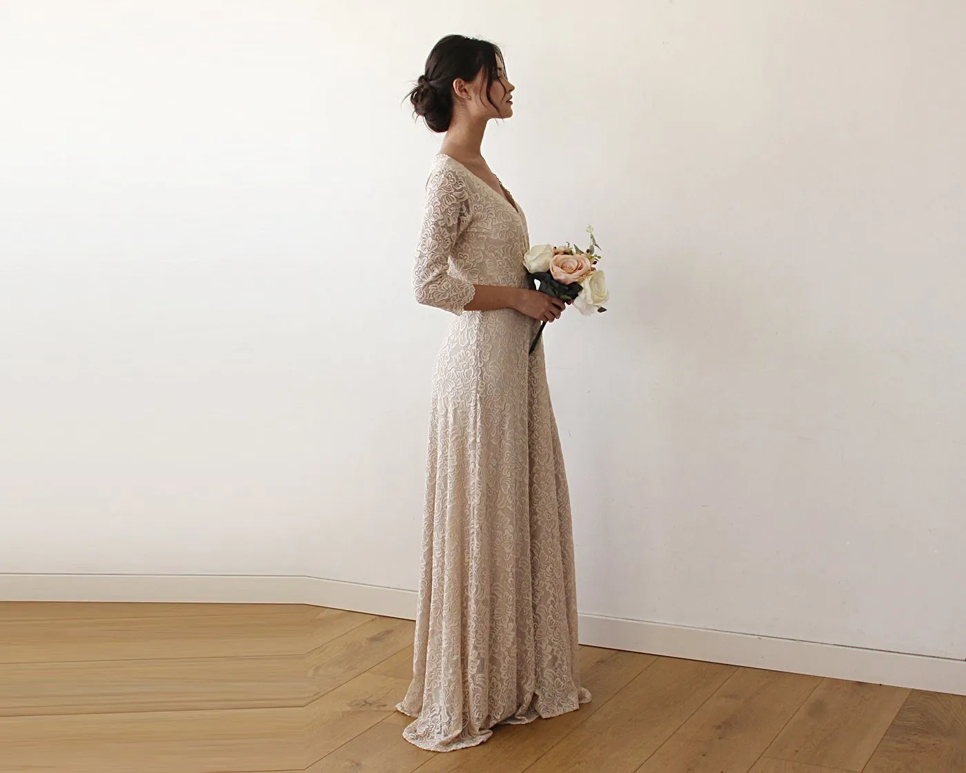 Champagne Lace three quarters Sleeve Wedding maxi dress 1124