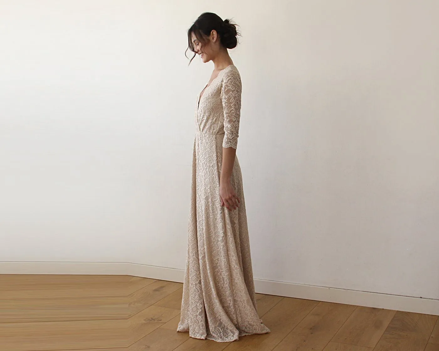 Champagne Lace three quarters Sleeve Wedding maxi dress 1124