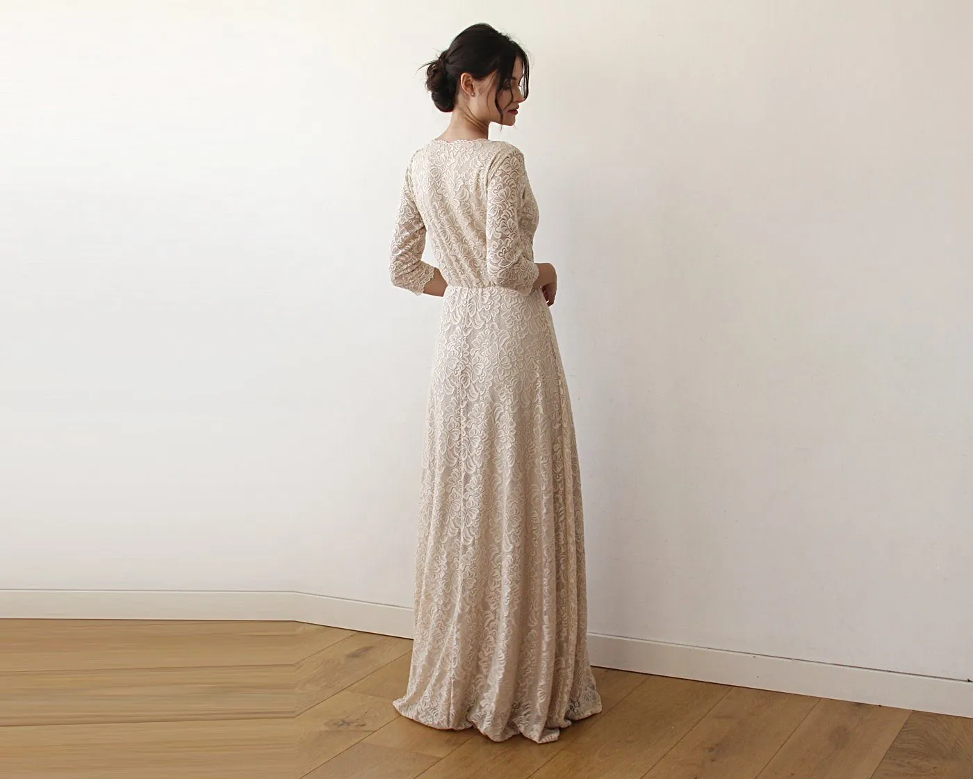 Champagne Lace three quarters Sleeve Wedding maxi dress 1124