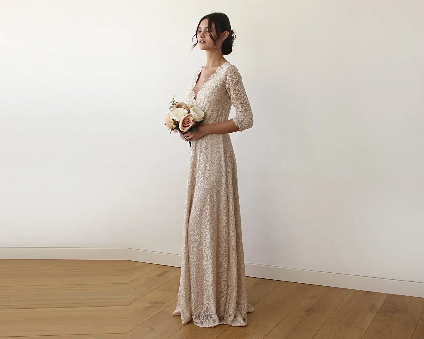 Champagne Lace three quarters Sleeve Wedding maxi dress 1124