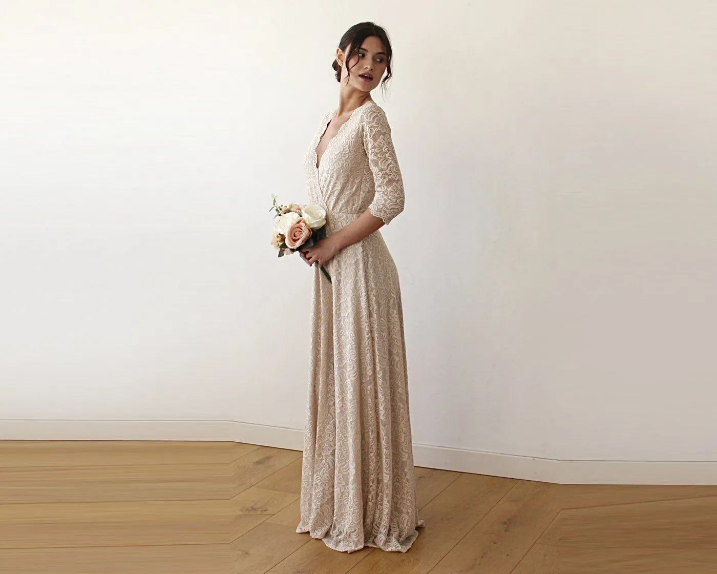Champagne Lace three quarters Sleeve Wedding maxi dress 1124