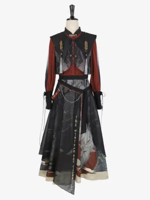 Chinese Style Lolita Dress Fringe Long Sleeves Polyester Chinese Style Animal Print Black Chinese Style Lolita