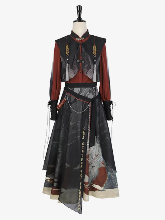 Chinese Style Lolita Dress Fringe Long Sleeves Polyester Chinese Style Animal Print Black Chinese Style Lolita
