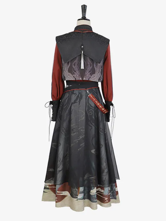 Chinese Style Lolita Dress Fringe Long Sleeves Polyester Chinese Style Animal Print Black Chinese Style Lolita