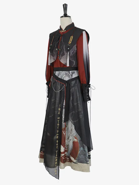 Chinese Style Lolita Dress Fringe Long Sleeves Polyester Chinese Style Animal Print Black Chinese Style Lolita