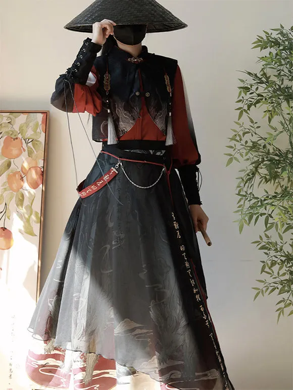 Chinese Style Lolita Dress Fringe Long Sleeves Polyester Chinese Style Animal Print Black Chinese Style Lolita