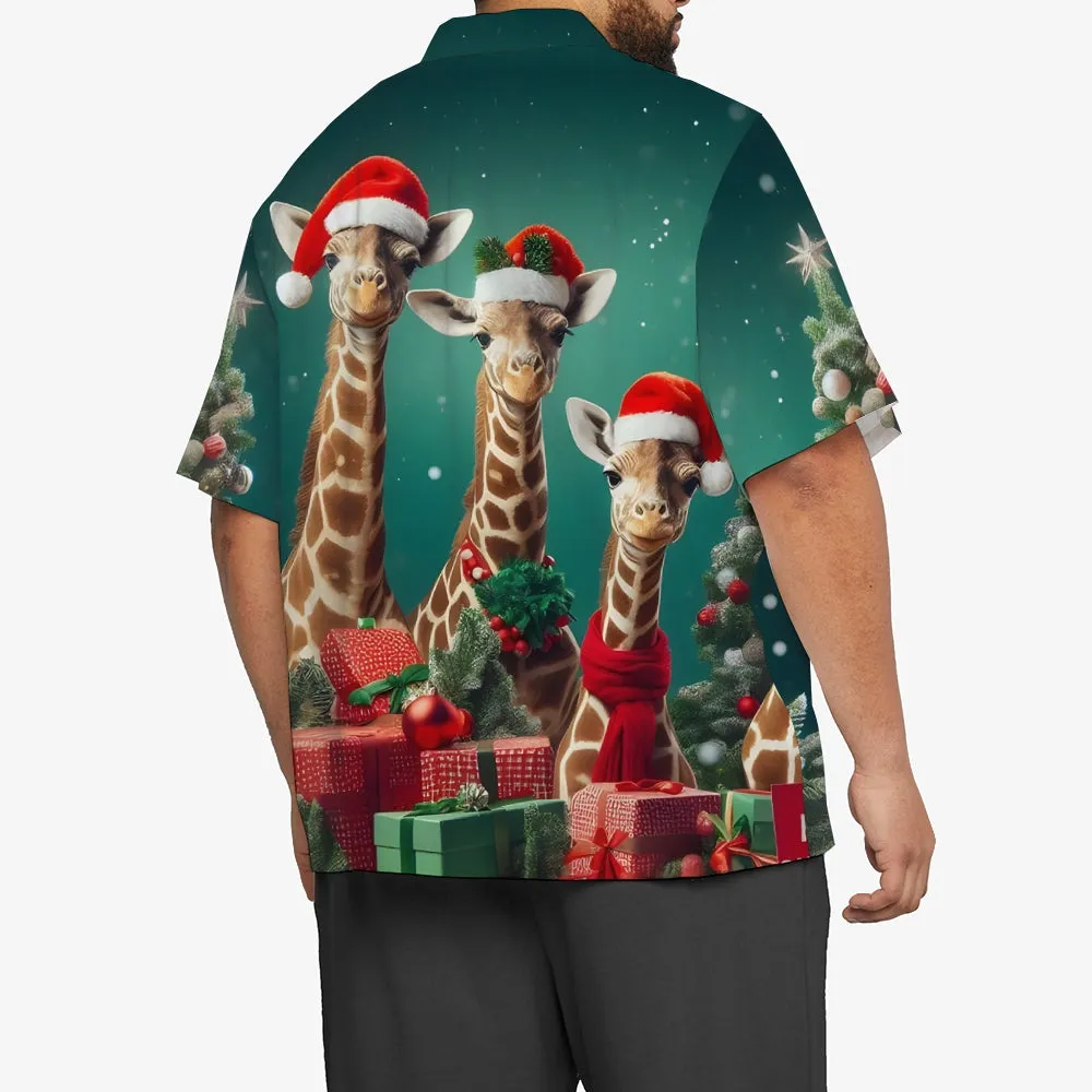 Christmas Santa Claus Hat Giraffe Breast Pocket Casual Shirt 2501003920