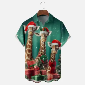 Christmas Santa Claus Hat Giraffe Breast Pocket Casual Shirt 2501003920