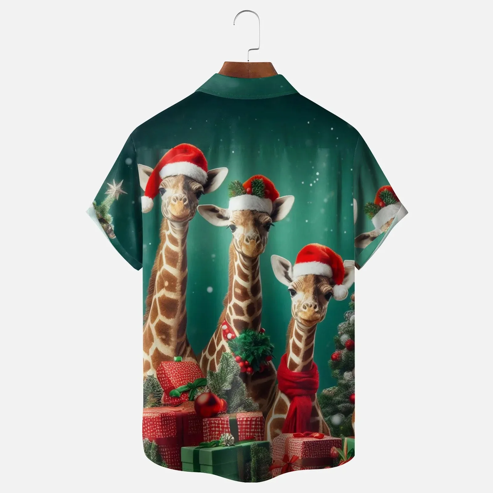 Christmas Santa Claus Hat Giraffe Breast Pocket Casual Shirt 2501003920