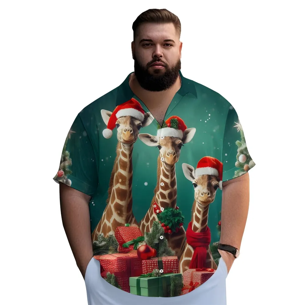 Christmas Santa Claus Hat Giraffe Breast Pocket Casual Shirt 2501003920