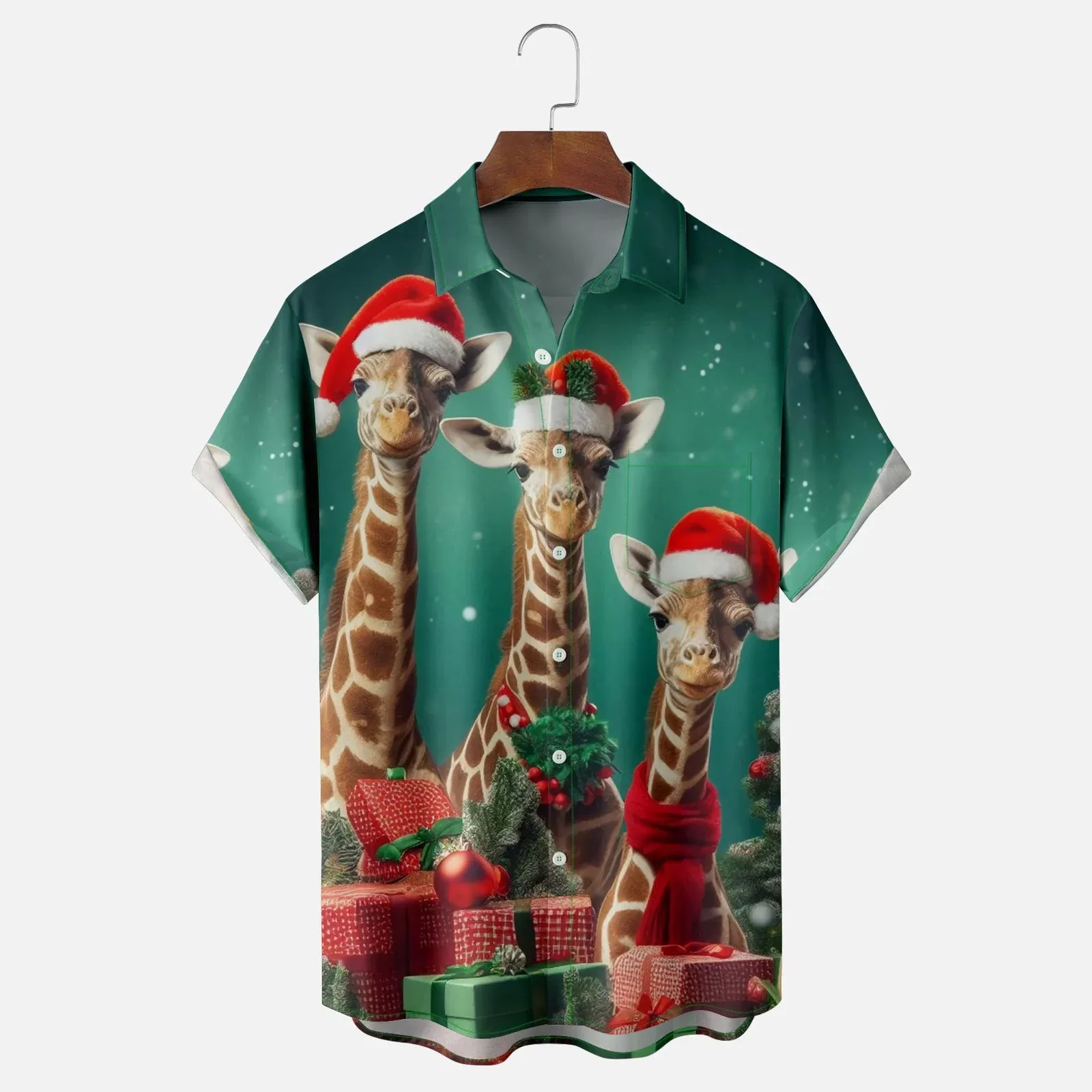 Christmas Santa Claus Hat Giraffe Breast Pocket Casual Shirt 2501003920