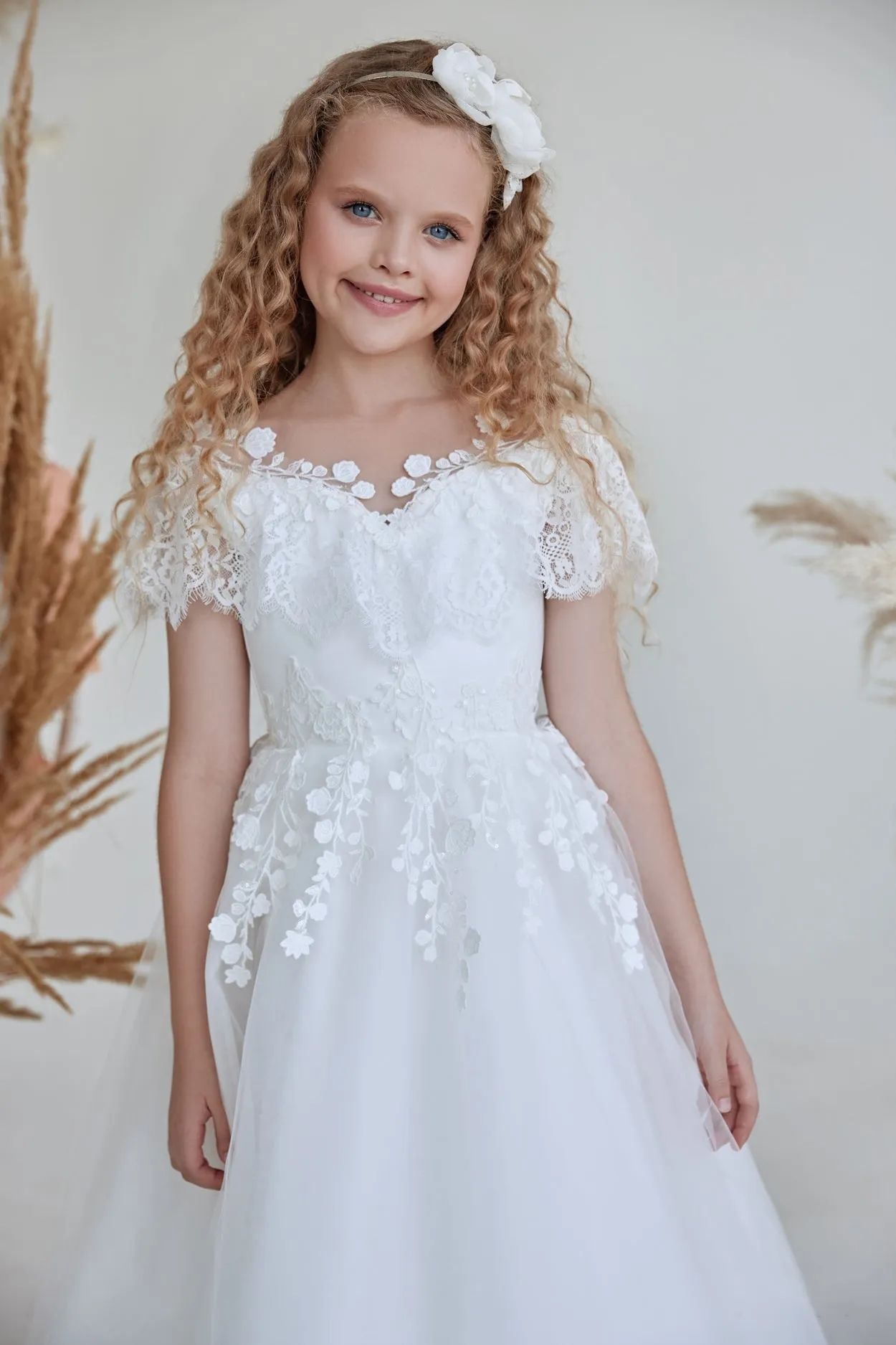 Classic White Communion Dress with Lace Ruffle Trim