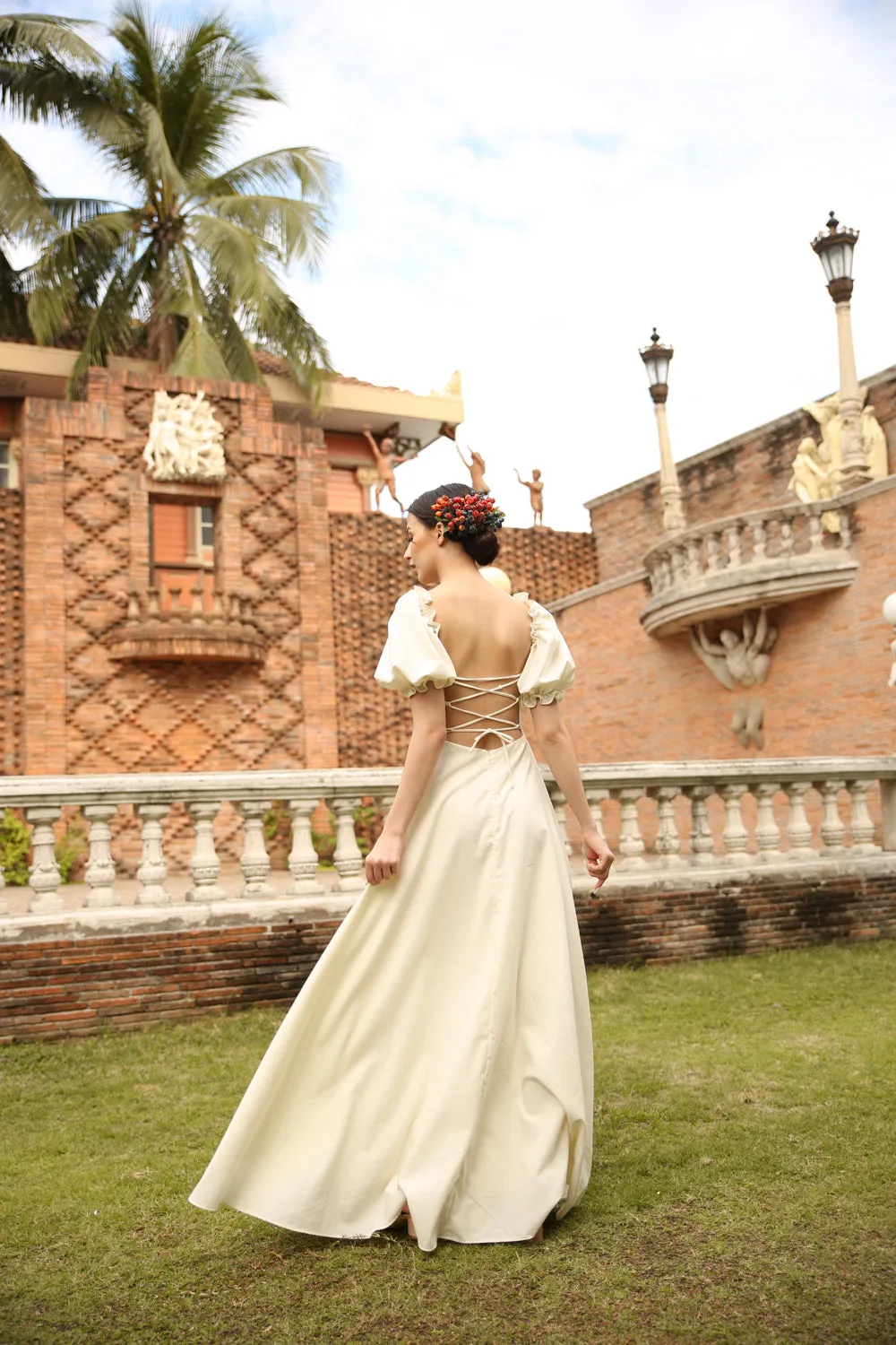 CONCEPCION Puff Sleeve Cross Tie Back Maxi Dress (White Linen)
