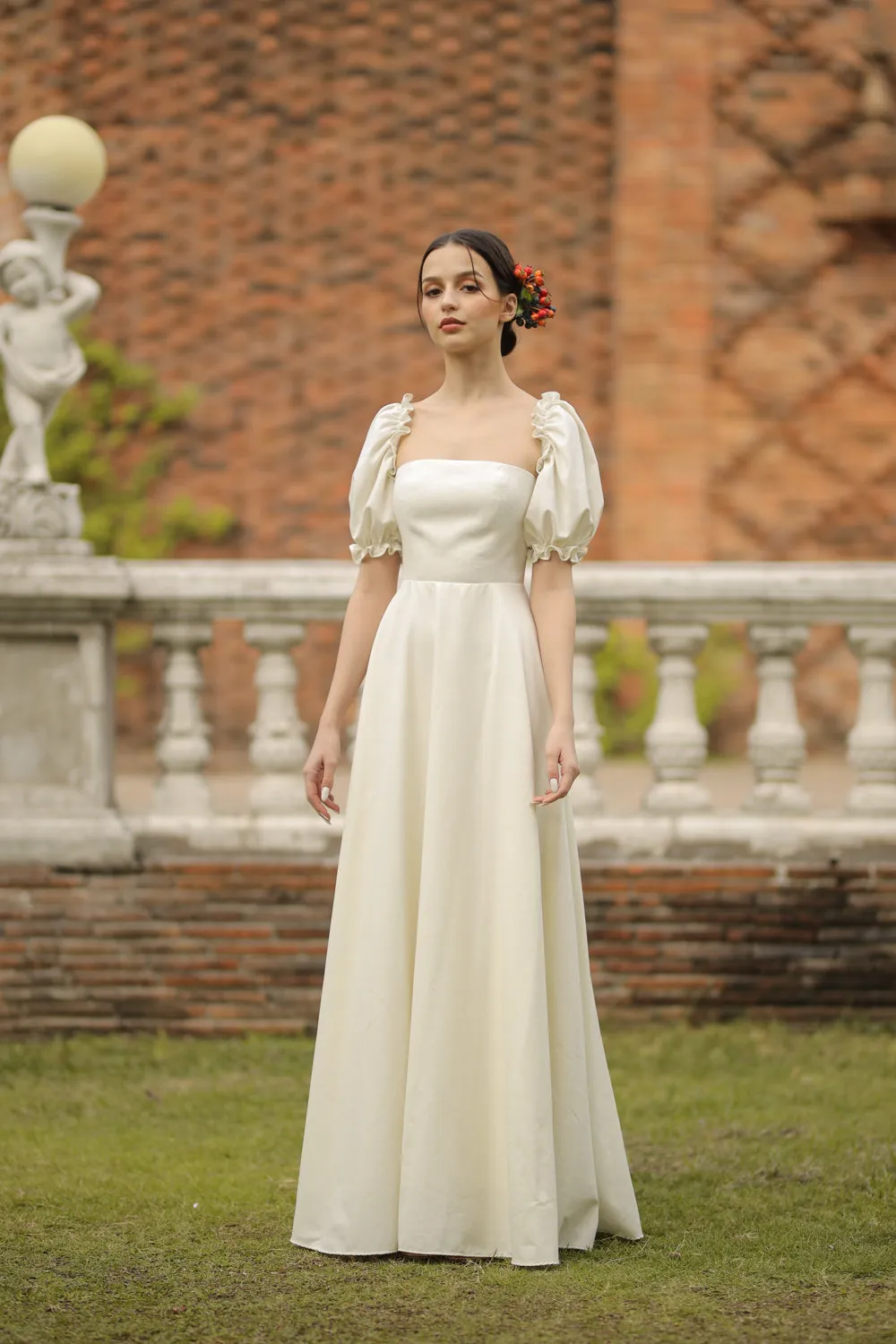 CONCEPCION Puff Sleeve Cross Tie Back Maxi Dress (White Linen)