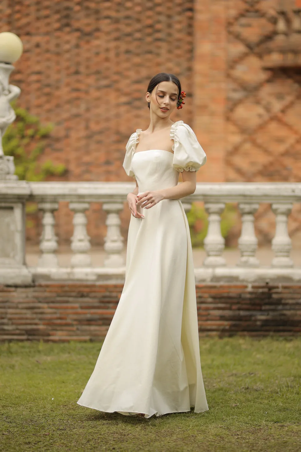 CONCEPCION Puff Sleeve Cross Tie Back Maxi Dress (White Linen)