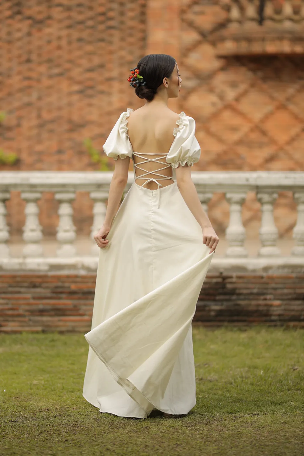 CONCEPCION Puff Sleeve Cross Tie Back Maxi Dress (White Linen)
