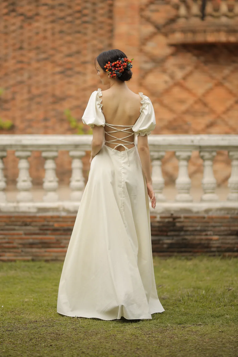 CONCEPCION Puff Sleeve Cross Tie Back Maxi Dress (White Linen)