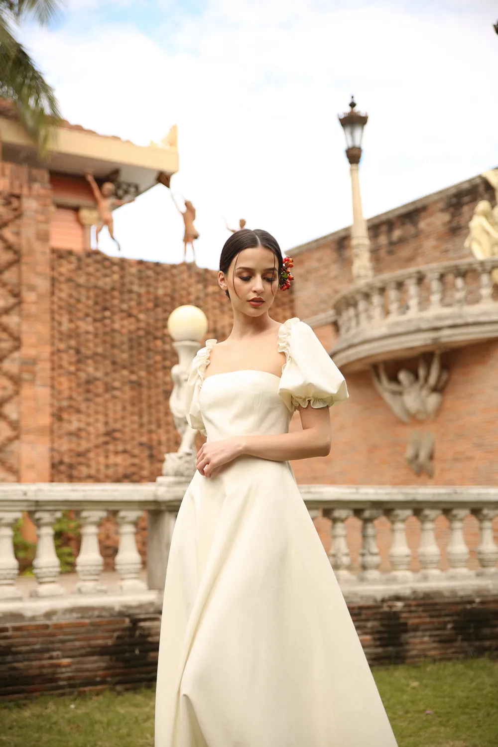 CONCEPCION Puff Sleeve Cross Tie Back Maxi Dress (White Linen)