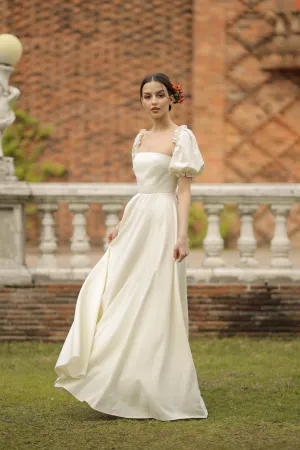 CONCEPCION Puff Sleeve Cross Tie Back Maxi Dress (White Linen)