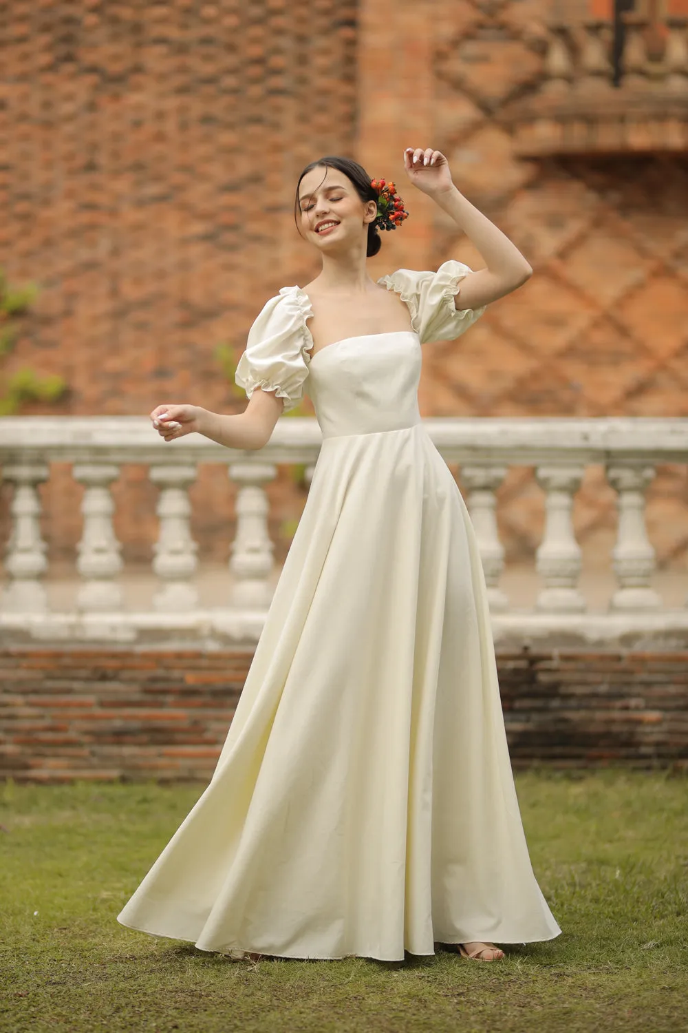 CONCEPCION Puff Sleeve Cross Tie Back Maxi Dress (White Linen)