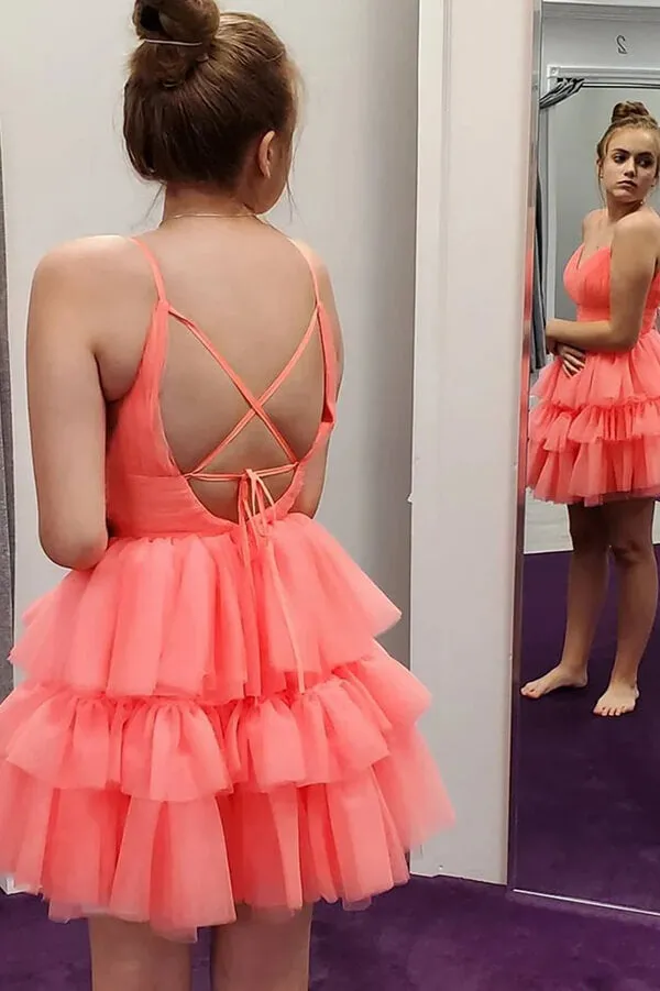 Coral A-line Soft Tulle Backless Homecoming Dresses, Short Prom Dresses, MH548