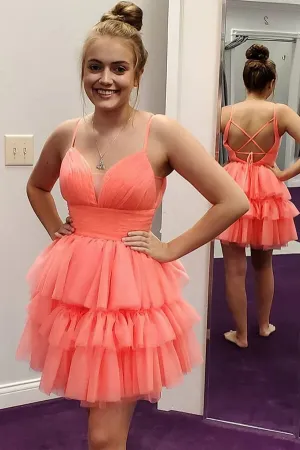 Coral A-line Soft Tulle Backless Homecoming Dresses, Short Prom Dresses, MH548