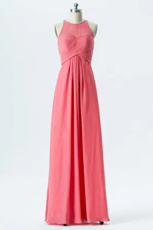 Coral Illusion Jewel Neck Chiffon Long Bridesmaid Dress