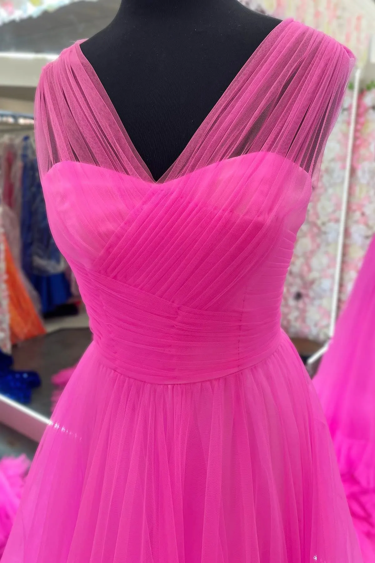 Cross Front Hot Pink Tulle A-line Long Prom Dress