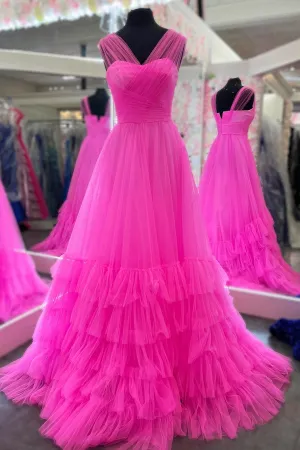 Cross Front Hot Pink Tulle A-line Long Prom Dress