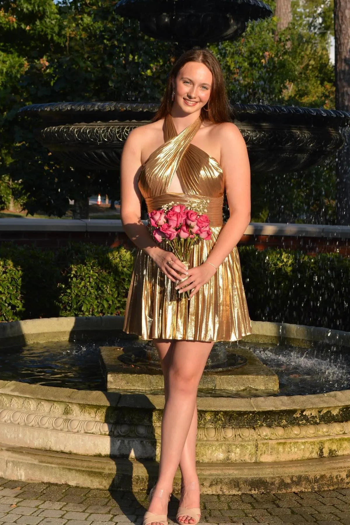 Cross Halter Fuchsia Metallic Pleated Short Homecoming Dress