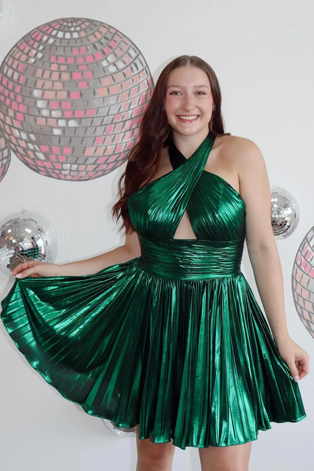 Cross Halter Fuchsia Metallic Pleated Short Homecoming Dress