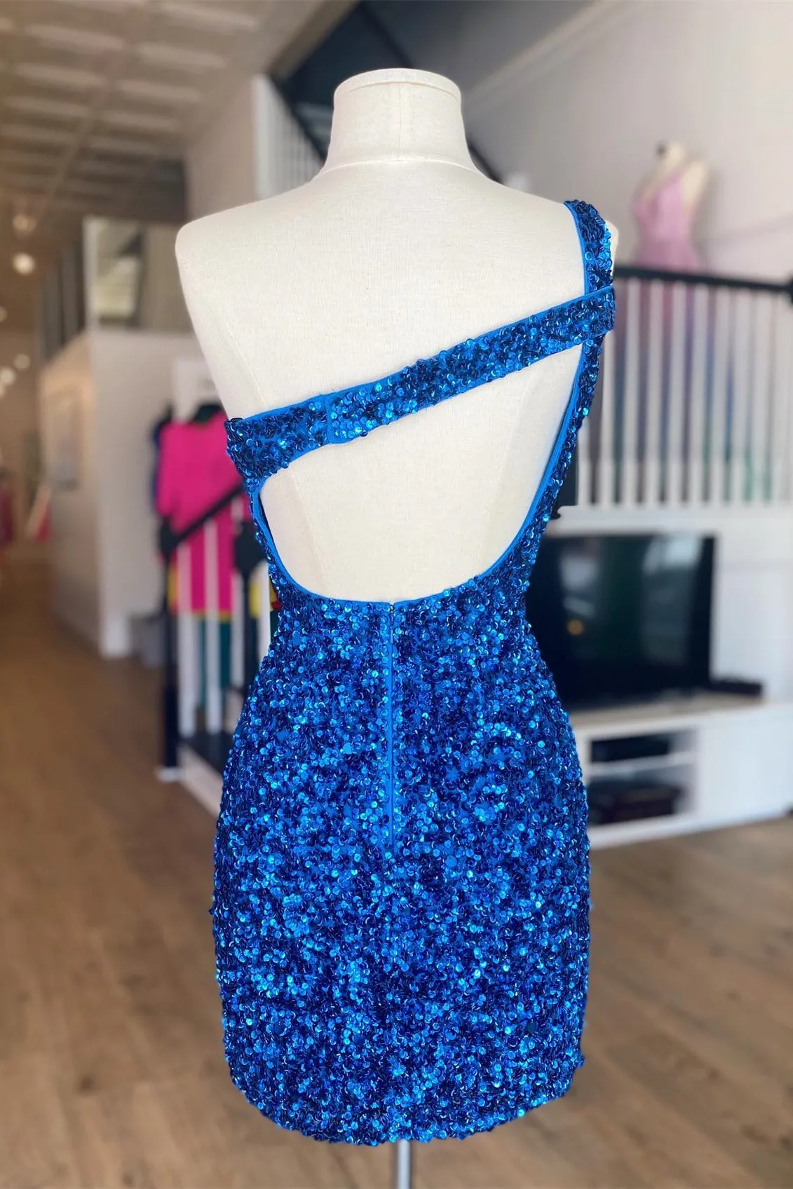 Cross One Shoulder Peacock Sequin Bodycon Mini Party Dress