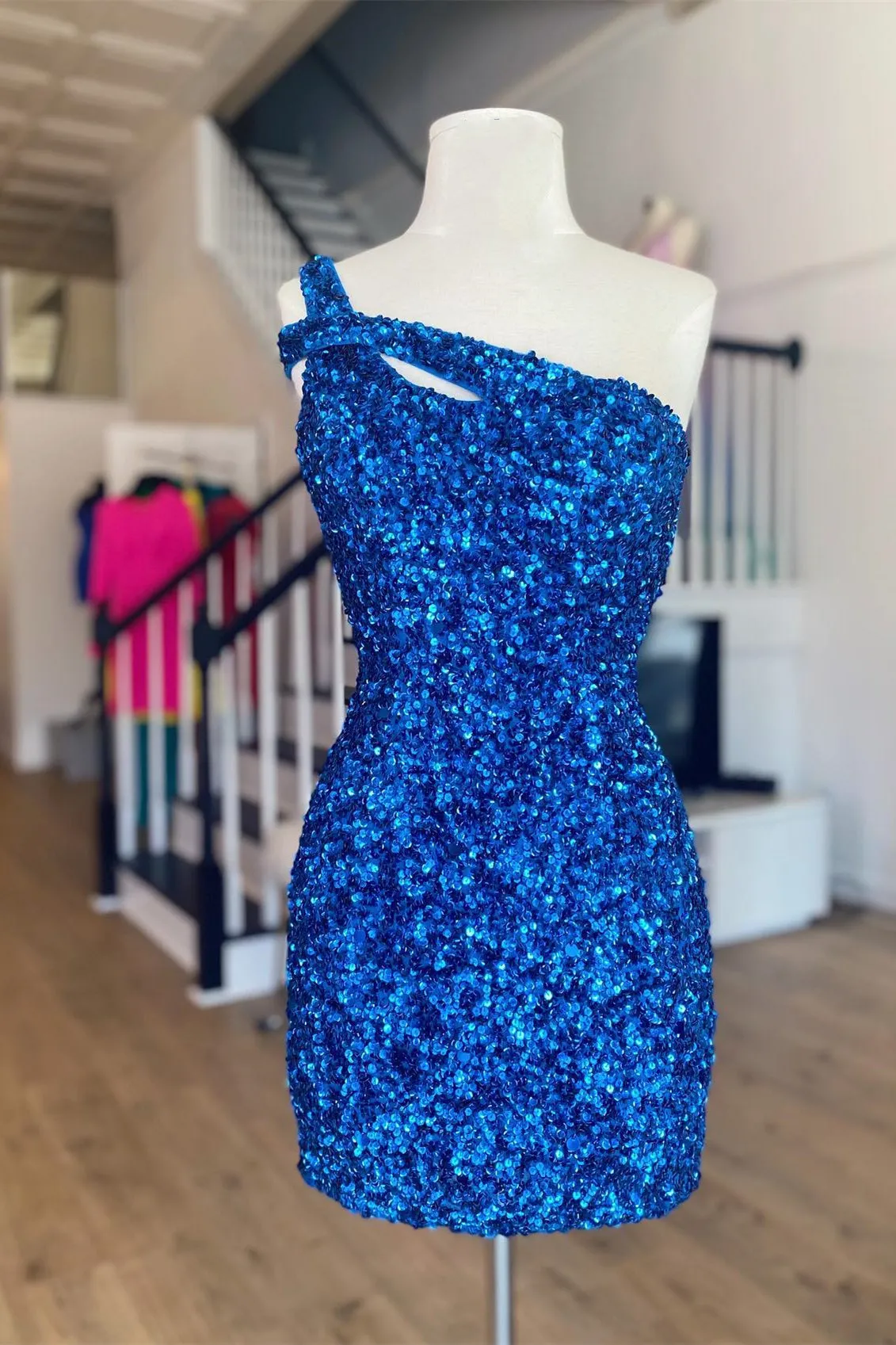 Cross One Shoulder Peacock Sequin Bodycon Mini Party Dress
