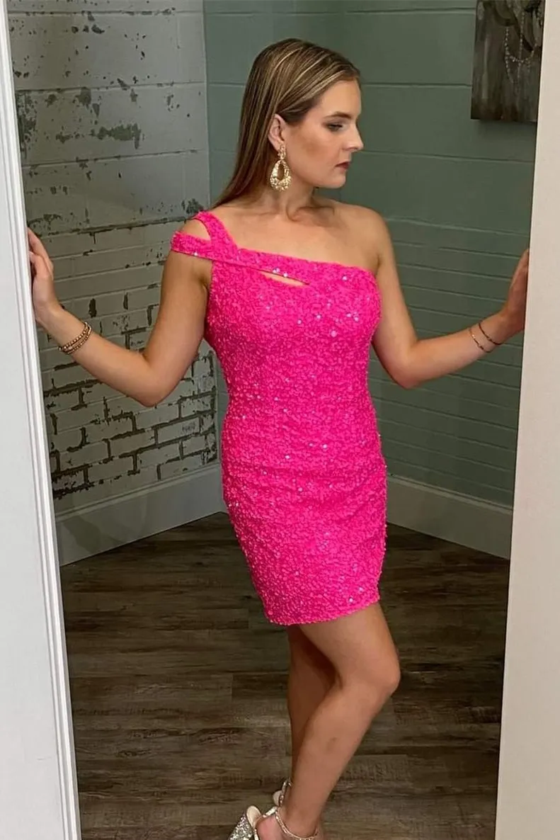 Cross One Shoulder Peacock Sequin Bodycon Mini Party Dress