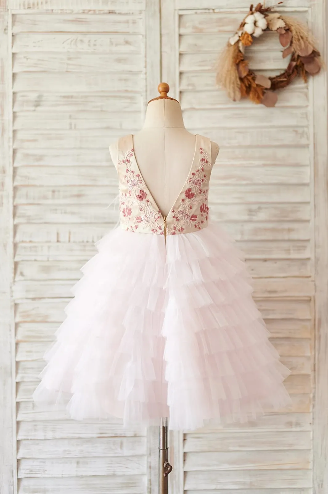 Cupcake Blush Pink Tulle Embroidery Lace V Back Wedding Flower Girl Dress