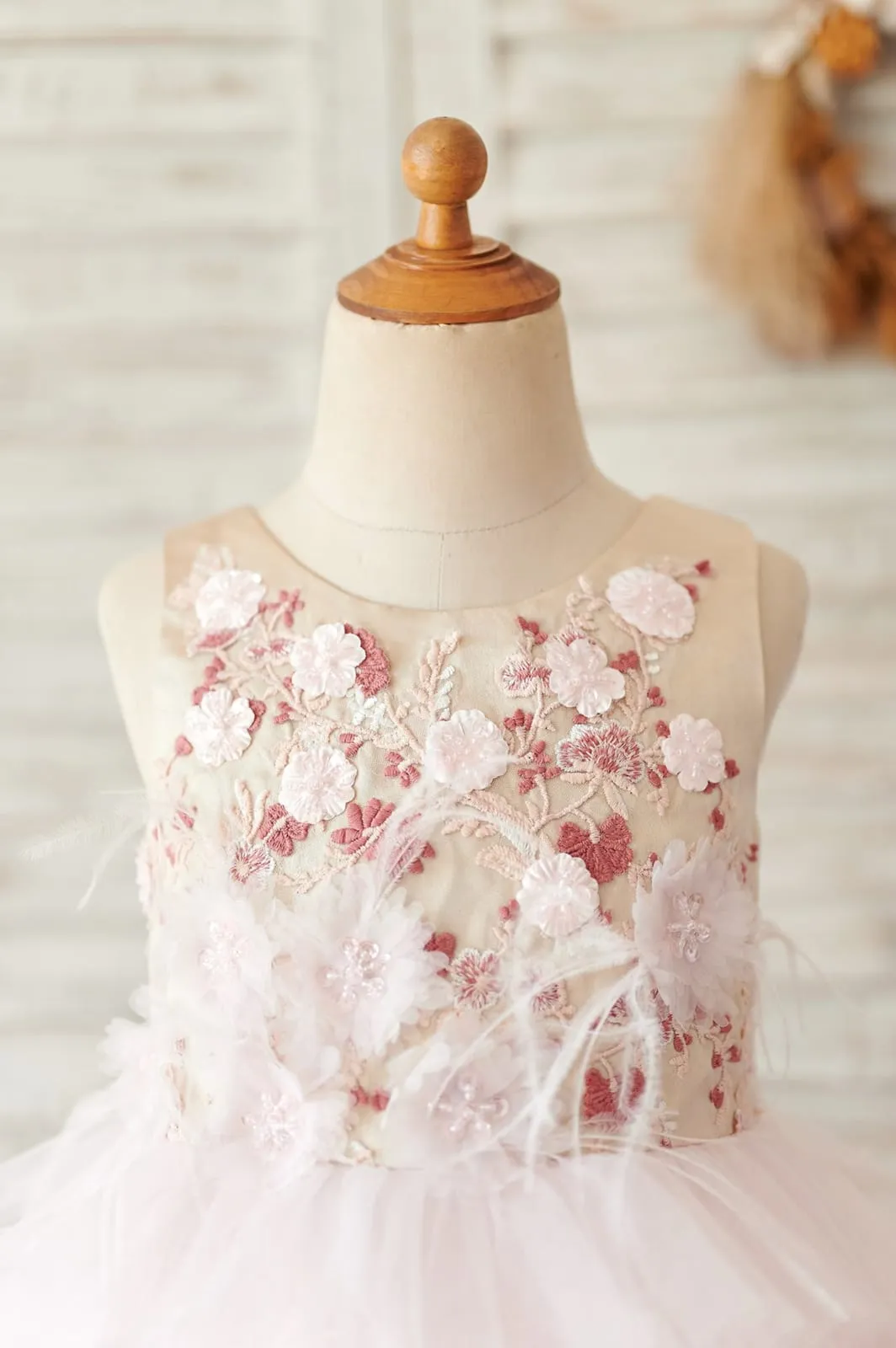Cupcake Blush Pink Tulle Embroidery Lace V Back Wedding Flower Girl Dress