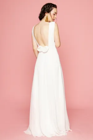 DALIA Flower Back Chiffon Maxi Dress with Wrap Skirt (White)