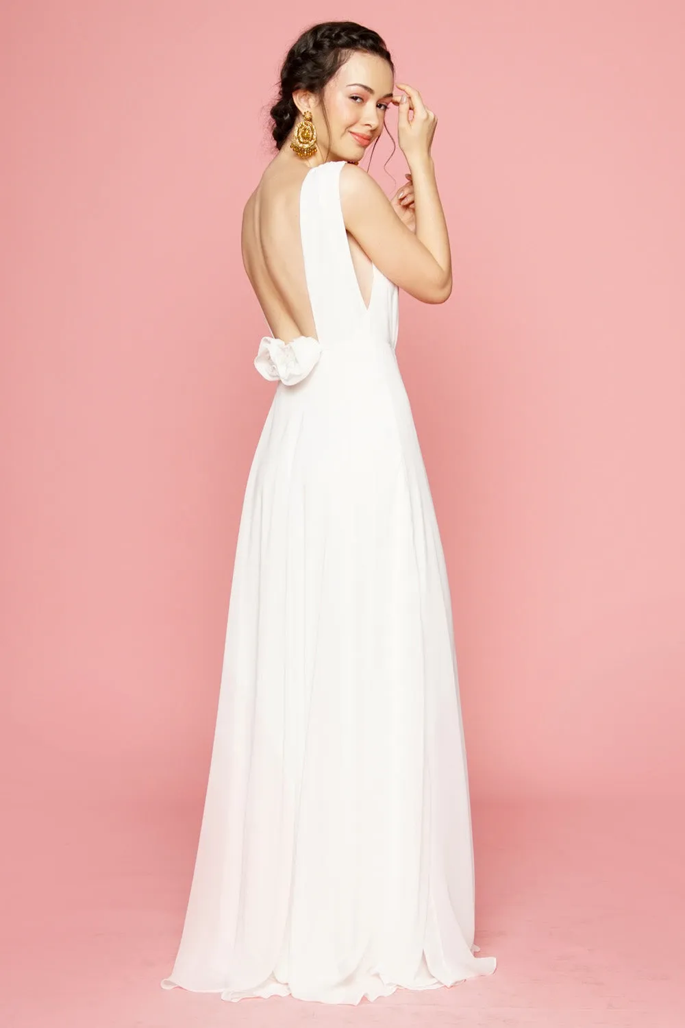 DALIA Flower Back Chiffon Maxi Dress with Wrap Skirt (White)