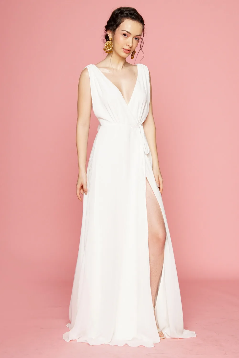 DALIA Flower Back Chiffon Maxi Dress with Wrap Skirt (White)
