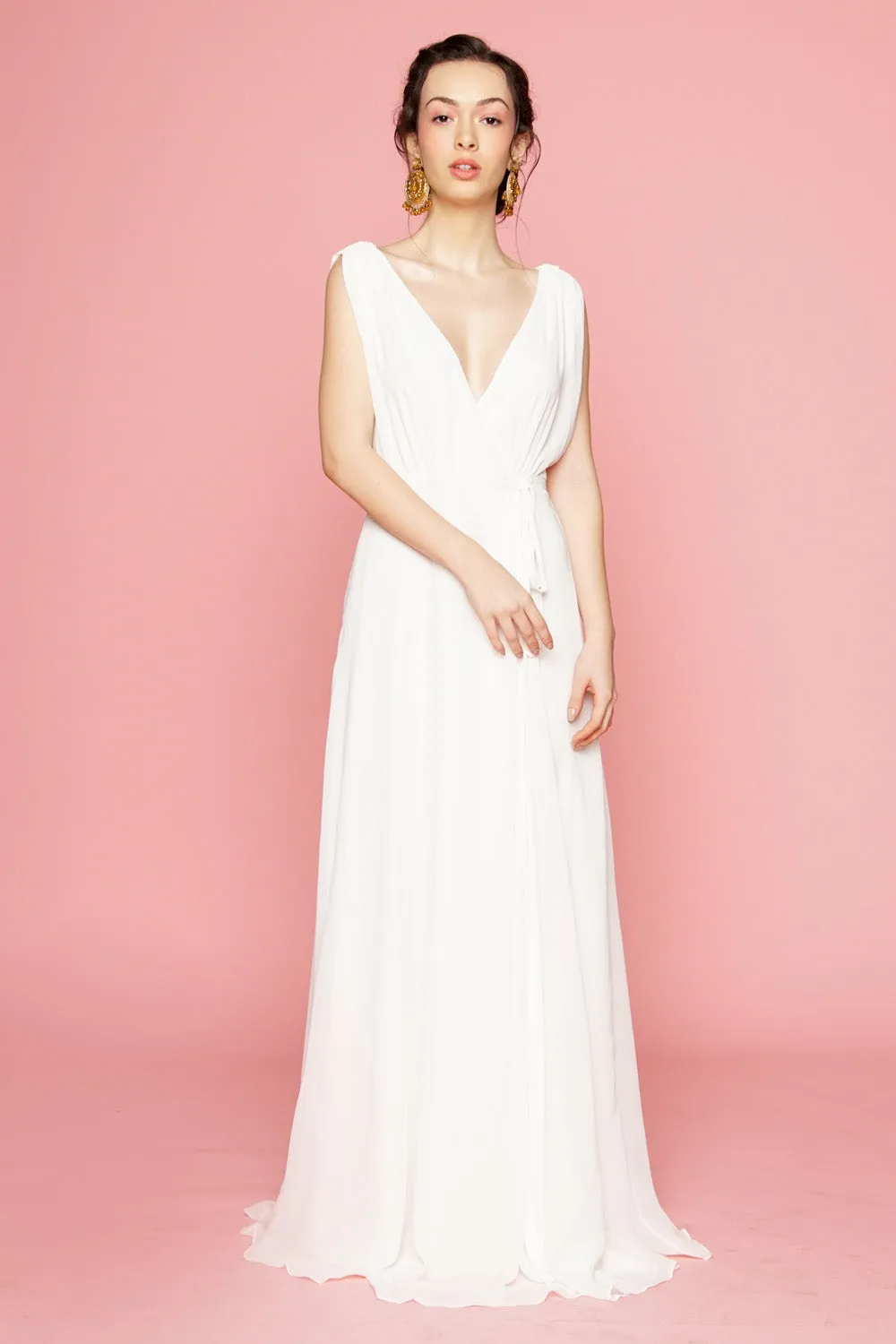 DALIA Flower Back Chiffon Maxi Dress with Wrap Skirt (White)