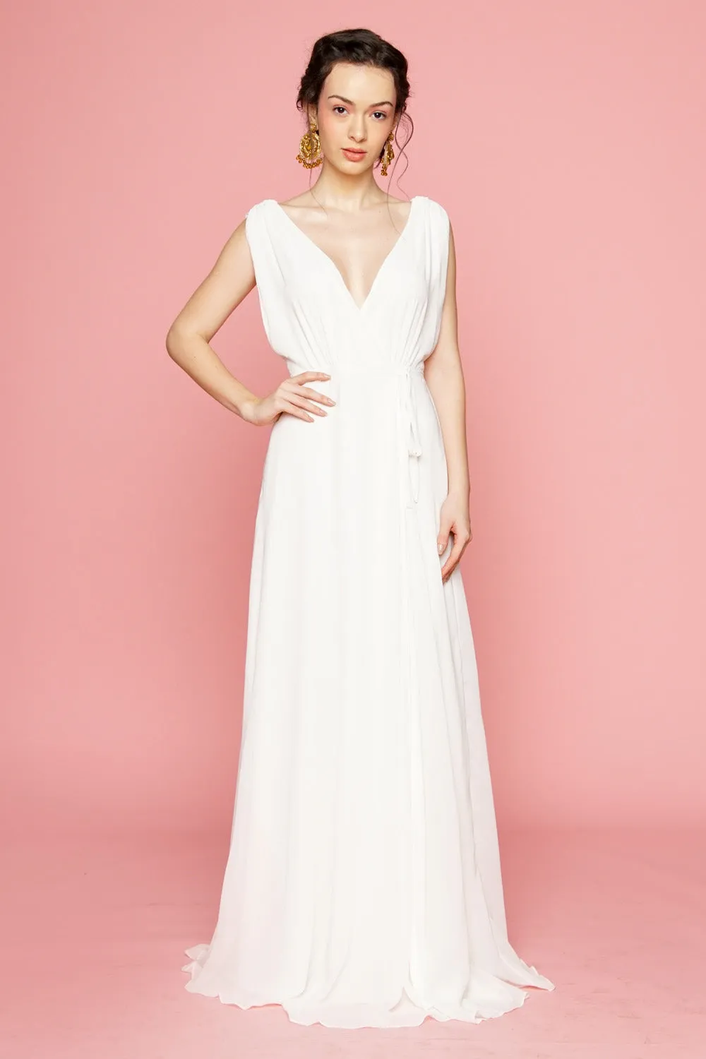 DALIA Flower Back Chiffon Maxi Dress with Wrap Skirt (White)